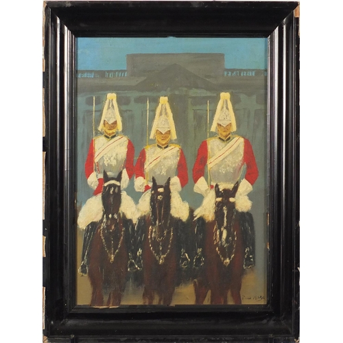 2167 - Manner of Paul Maze - Guards on horseback, oil on board, framed, 38cm x29.5cm