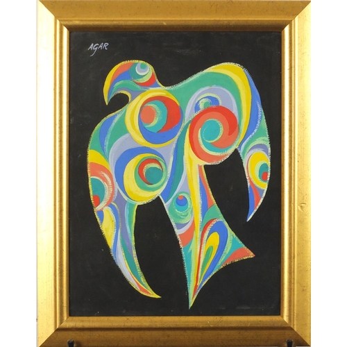 2169 - Abstract composition, stylised bird, gouache, bearing a signature Agar, framed, 40cm x 29.5cm