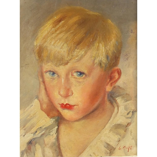 2214 - Portrait of a young boy, oil on board, bearing a signature L Knight, framed, 28cm x 22cm