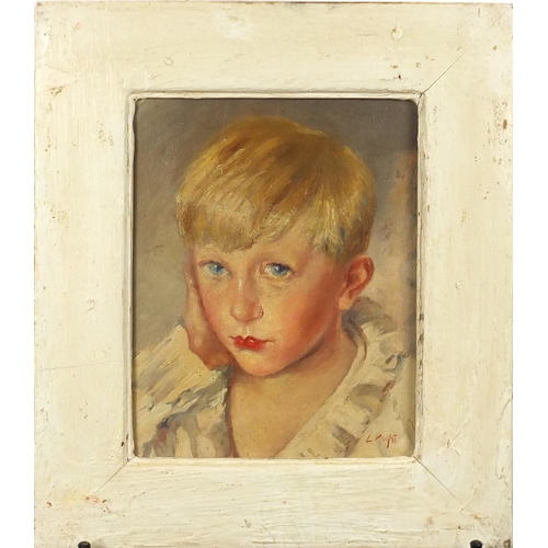 2214 - Portrait of a young boy, oil on board, bearing a signature L Knight, framed, 28cm x 22cm