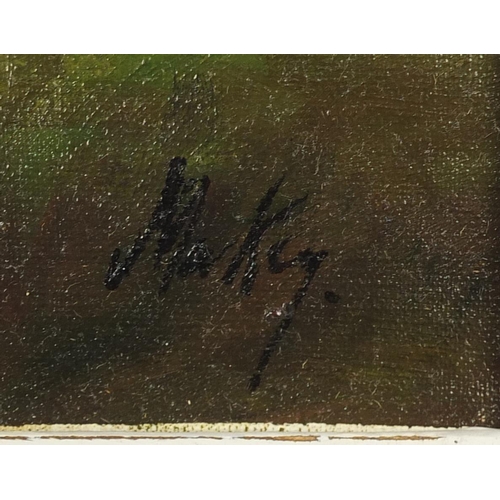 2144 - Figures before buildings, Irish school oil on board, bearing a signature Markey, framed, 49cm x 39cm