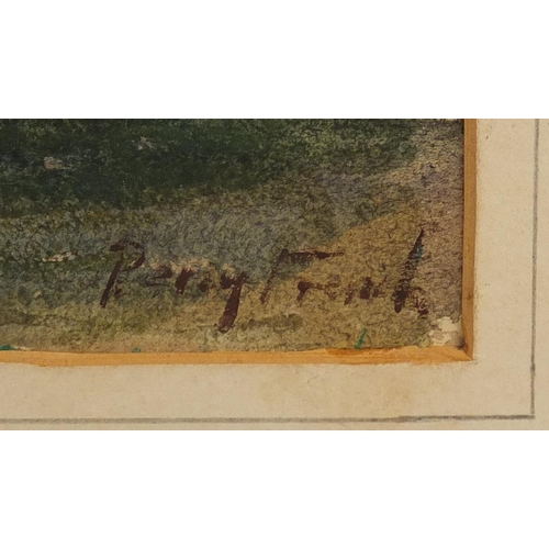 2279 - Cottages in a landscape, Irish school watercolour, bearing a signature Percy French, mounted unframe... 