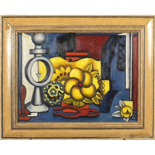 2139 - Abstract composition, still life, oil on board, bearing a signature F Leger, framed, 39.5cm x 30cm