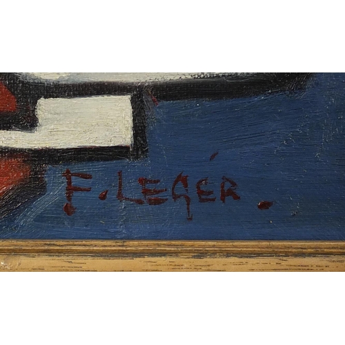 2139 - Abstract composition, still life, oil on board, bearing a signature F Leger, framed, 39.5cm x 30cm