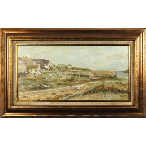 2168 - Coastal scene with moored fishing boats, Newlyn school oil, bearing a signature J A Park, mounted an... 