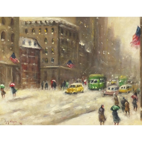 2054 - After Guy Wiggins - American snowy street scene, oil on board, mounted and framed, 44.5cm x 35cm