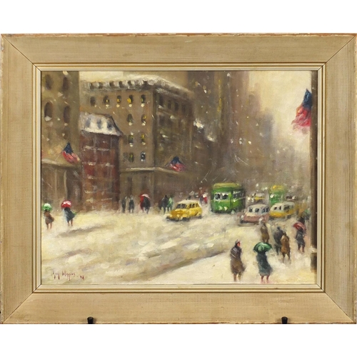 2054 - After Guy Wiggins - American snowy street scene, oil on board, mounted and framed, 44.5cm x 35cm