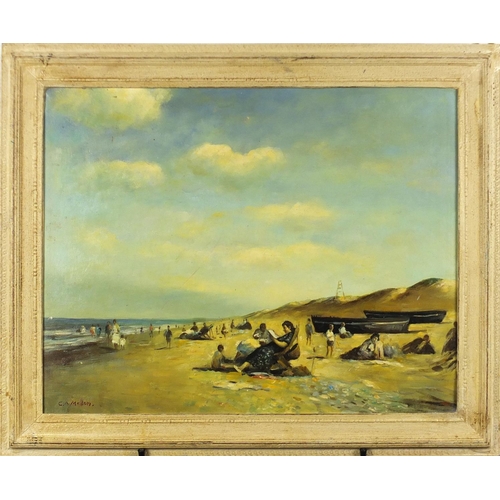 2215 - Figures on the beach, impressionist oil on board, bearing a signature C A Mellon, framed, 57cm x 44.... 