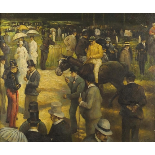 2216 - Horse racing scene, oil on board, bearing a signature F Le Rosset, framed, 59.5cm x 49.5cm