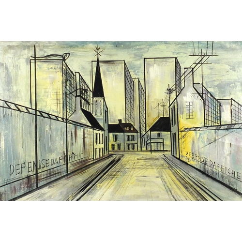 2097 - Industrial street scene, oil on board, bearing a signature Deefnce Dafficher, framed, 75cm x 50cm