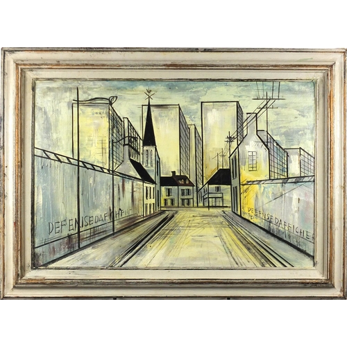 2097 - Industrial street scene, oil on board, bearing a signature Deefnce Dafficher, framed, 75cm x 50cm