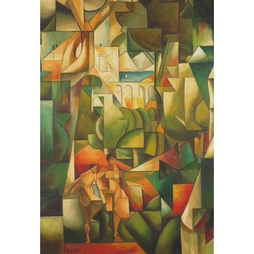 2026 - Abstract composition, cubist figures before a landscape, French school oil on board, bearing a signa... 