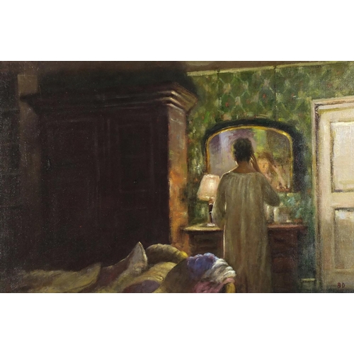 2099 - Female looking in her mirror, Camden school oil on board, bearing a monogram BD, mounted and framed,... 