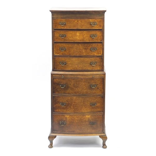 2003 - Walnut bow front chest on chest with seven drawers and brushing slide, 158cm H x 62cm W x 46cm D