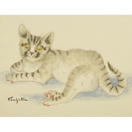 2278 - Manner of Leonard Tsuguharu Foujita - Seated cat, ink and watercolour on paper, framed, 29cm x 23cm