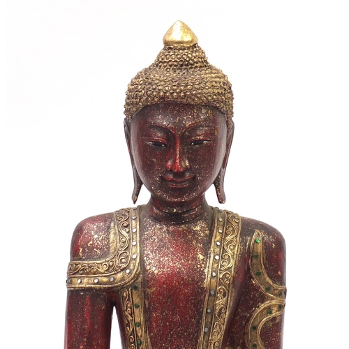 2166 - Large Burmese painted carved wood figure of Buddha, raised on an octagonal stand hand painted with f... 