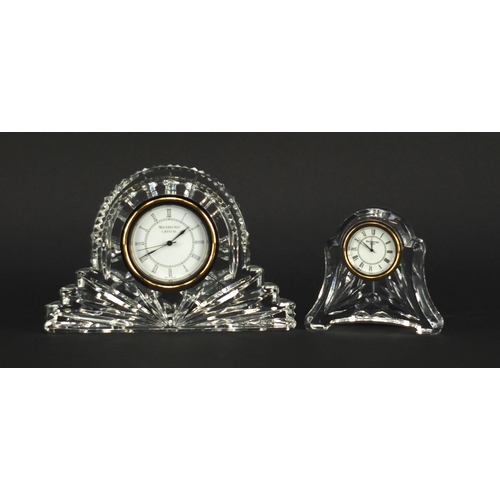 2076 - Two Waterford crystal clocks both with Roman numerals, the largest 18cm wide