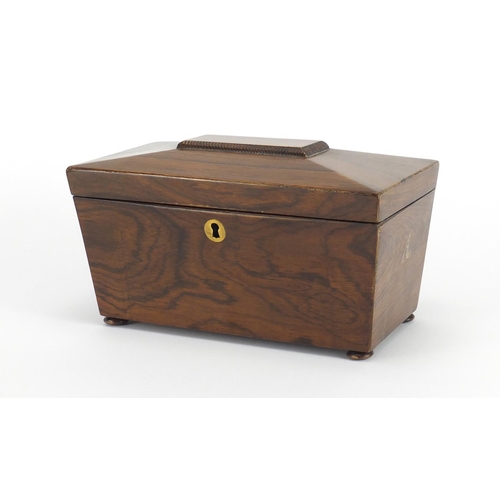 2080 - Victorian rosewood sarcophagus shaped tea caddy with twin divisional lidded interior, 23cm wide