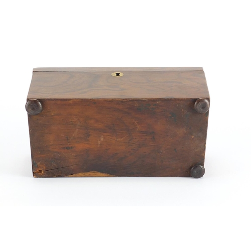 2080 - Victorian rosewood sarcophagus shaped tea caddy with twin divisional lidded interior, 23cm wide