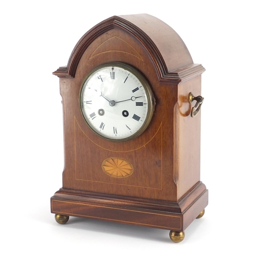 2063 - Edwardian inlaid mahogany bracket clock with enamel dial and Roman numerals, 32.5cm high