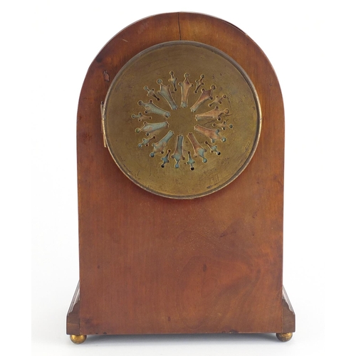 2104 - Edwardian inlaid mahogany bracket clock with brass columns, enamel dial and Arabic numerals, 32cm hi... 