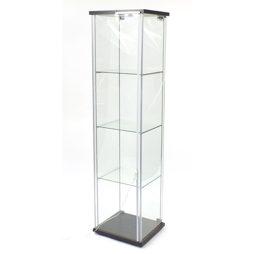 2037 - Illuminated glass shop display case with key, 163cm H x 43cm W x 37cm D