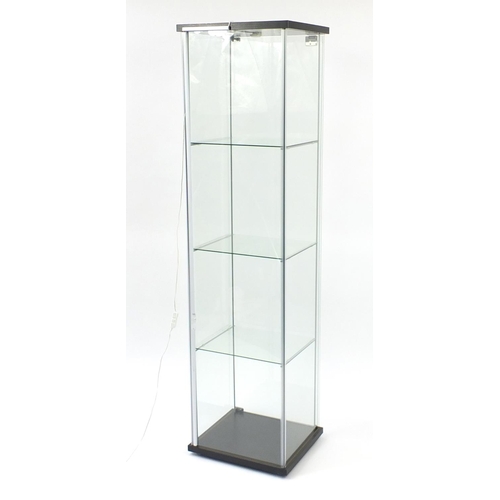 2036 - Illuminated glass shop display case with key, 163cm H x 43cm W x 37cm D