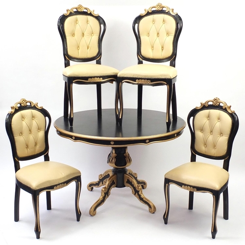 2007 - Italian style black and gold painted circular dining table and four chairs, with cream leather butto... 