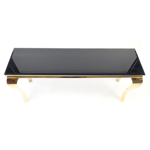 2013 - Italian style brass console table with bevelled black glass top, 75cm H x 150cm W x 40cm D