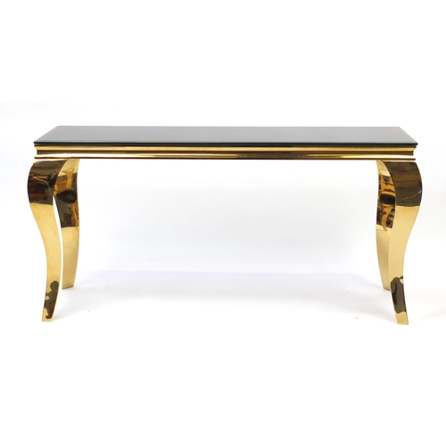 2013 - Italian style brass console table with bevelled black glass top, 75cm H x 150cm W x 40cm D