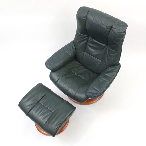 2011 - Ekornes stressless green leather easy chair and foot stool, 100cm high