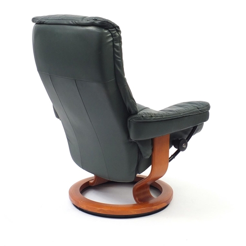 2011 - Ekornes stressless green leather easy chair and foot stool, 100cm high