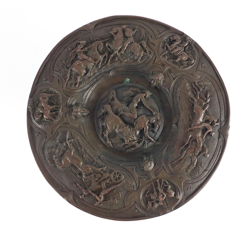 2231 - 19th century continental classical bronzed tazza embossed with figures on horsebacks, 12cm high x 22... 