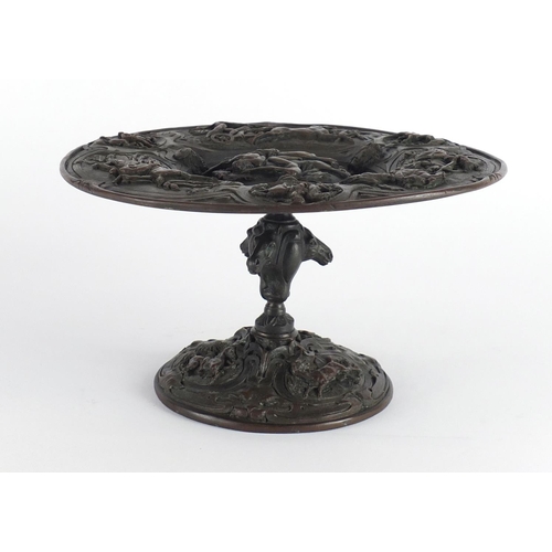 2231 - 19th century continental classical bronzed tazza embossed with figures on horsebacks, 12cm high x 22... 