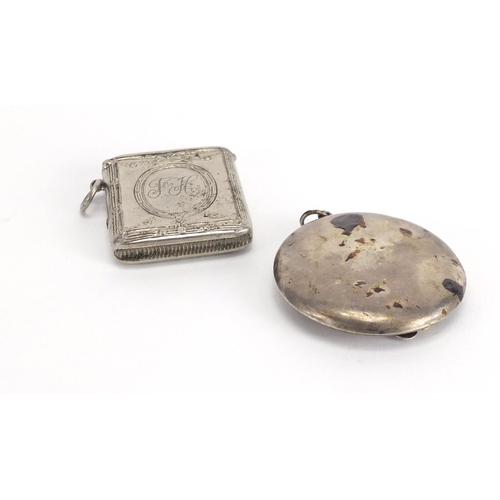 2264 - Circular silver compact and a white metal vesta, the compact Birmingham hallmarked, 5cm in diameter