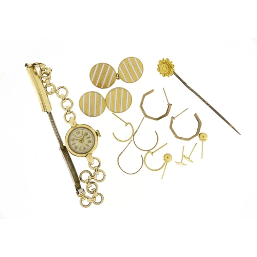 2351 - Jewellery including a ladies 9ct gold wristwatch, 9ct gold earrings and a pair of enamelled cufflink... 