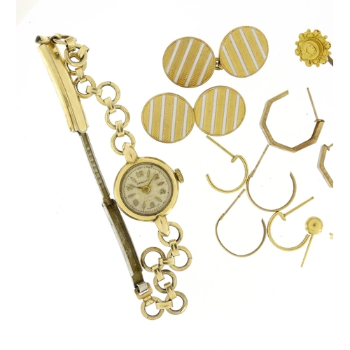 2351 - Jewellery including a ladies 9ct gold wristwatch, 9ct gold earrings and a pair of enamelled cufflink... 