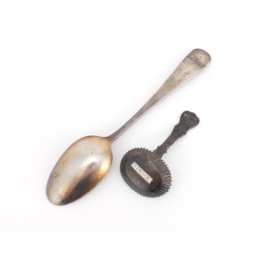 2259 - Antique unmarked silver caddy spoon and a sterling silver tablespoon, the largest 17cm in length, 38... 