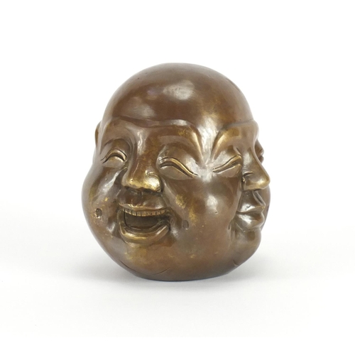 2199 - Chinese bronze four side Buddha head, character marks to the base, 11cm high