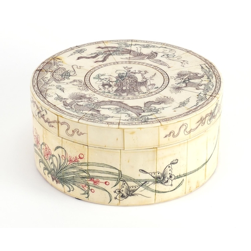 2291 - Circular bone box and cover, decorated with Chinese figures, dragons and mythical animals, 20.5cm hi... 