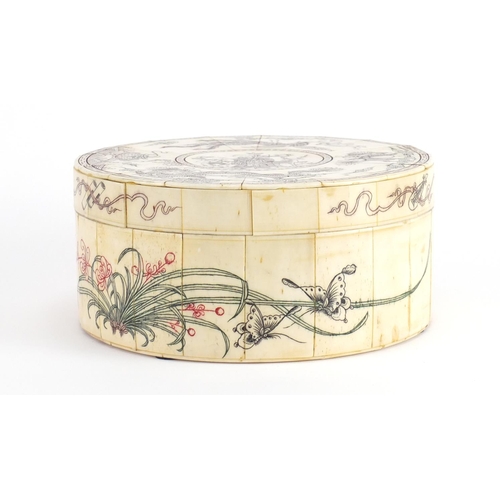 2291 - Circular bone box and cover, decorated with Chinese figures, dragons and mythical animals, 20.5cm hi... 