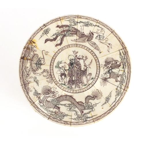 2291 - Circular bone box and cover, decorated with Chinese figures, dragons and mythical animals, 20.5cm hi... 