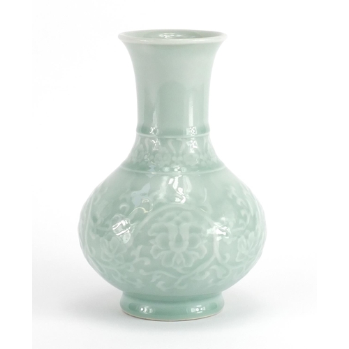2113 - Chinese porcelain celadon glazed vase decorated with flowers, 20cm high