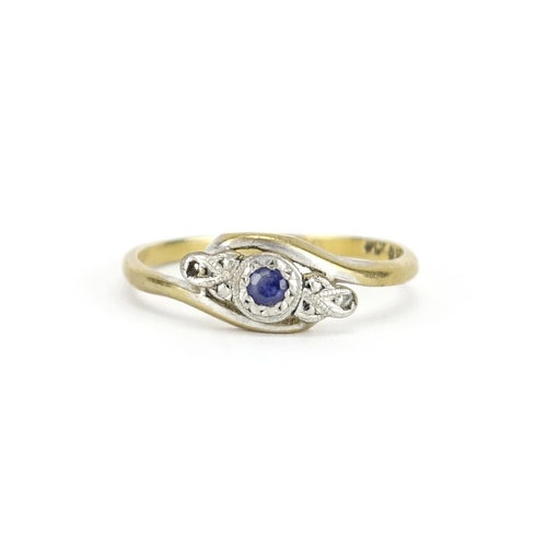 2376 - 9ct gold sapphire and diamond crossover ring, size O, 1.5g