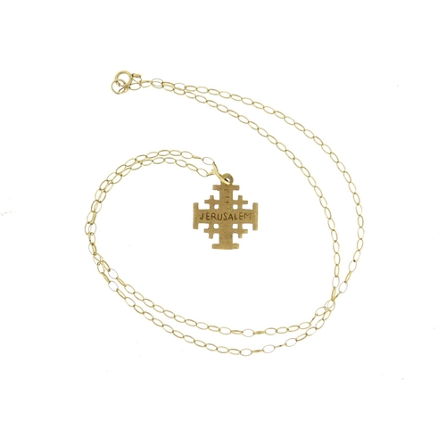 2384 - 14ct gold Jerusalem pendant on a 9ct gold necklace, 46cm long, 2.5g