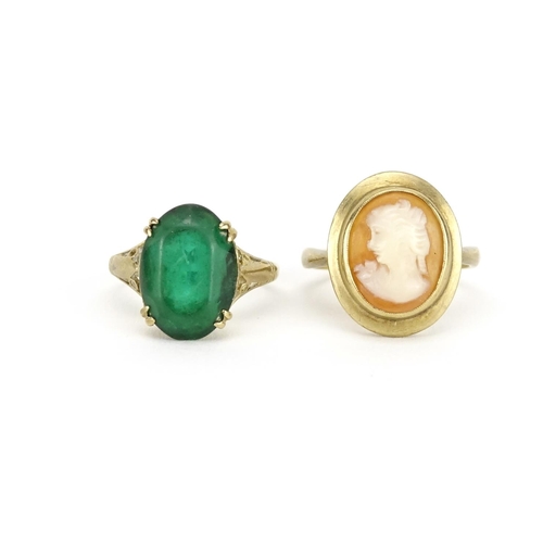 2380 - 9ct gold cameo maiden head ring and a 9ct gold green stone ring, sizes H and L, 6.5g