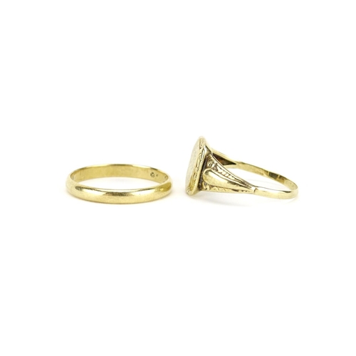 2373 - Antique 14ct gold signet ring and an unmarked gold wedding band, sizes Z and Z+, 5.9g