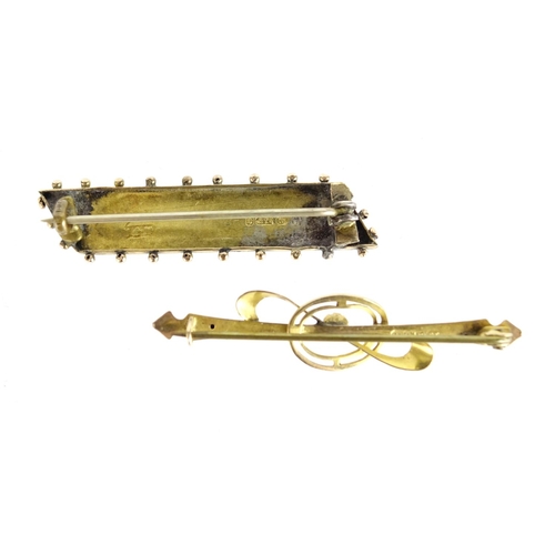2374 - Victorian 9ct gold bar brooch and one other set with a blue stone, the largest 4.5cm in length, 3.6g