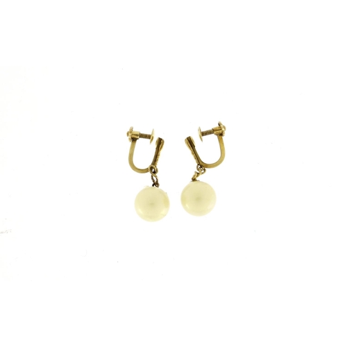 2458 - Pair of 14ct gold simulated pearl earrings, 2.7cm in length, 5.4g