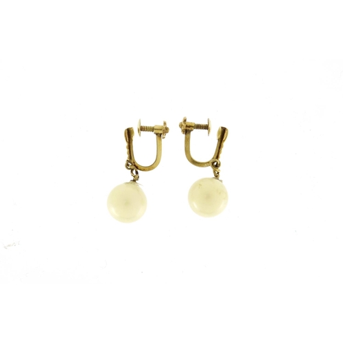 2458 - Pair of 14ct gold simulated pearl earrings, 2.7cm in length, 5.4g